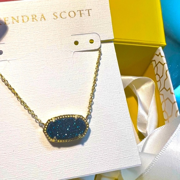 NWT Kendra Scott Retired Elisa Necklace Blue Sparkly Drusy & Yellow Gold GORG! - Picture 7 of 13